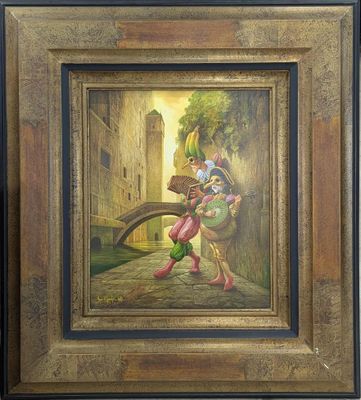 tableau représentant un homme portant un panier de fleurs devant un château