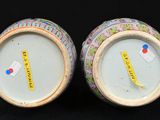 pair of chinese vases with painted designs on them on a black background