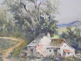 an oil painting of a farm scene with a path leading to a house