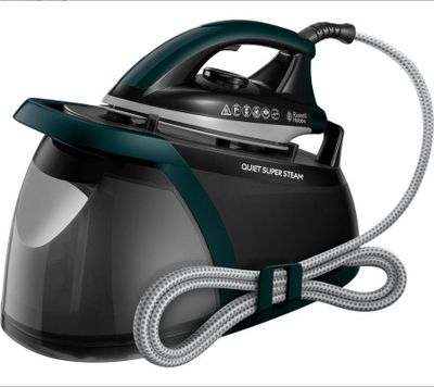 une image représentant un fer à repasser à vapeur noir et vert sur fond blanc