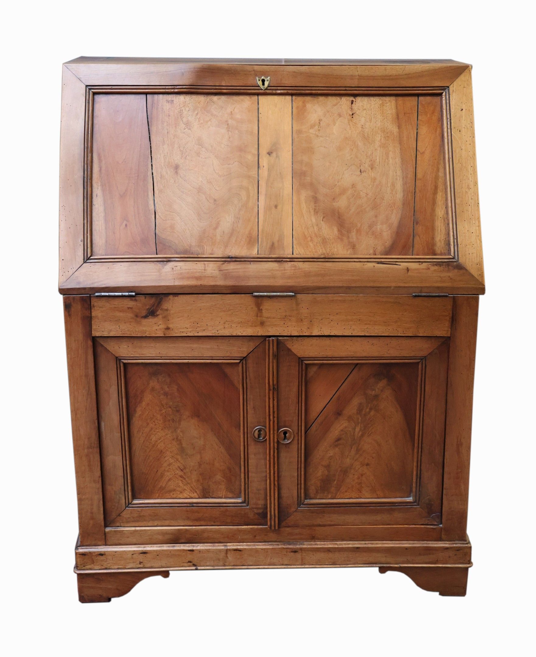 Bureau de pente en bois naturel mouluré ouvrant par un abatt…