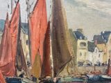 a painting of a group of sailboats on the water