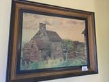 painting hanging on the wall of a house with a clock on it
