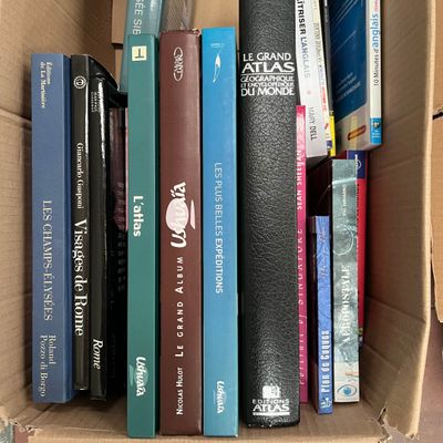 de nombreux livres dans une boîte en carton posée sur la table