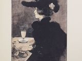 an old picture of a woman sitting at a table with a cup of coffee