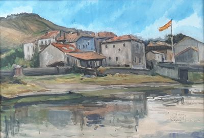 a painting of a small town by the water