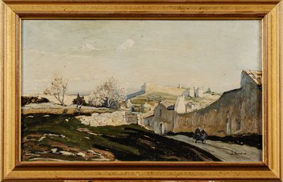 une image représentant un tableau représentant un paysage avec un village au loin