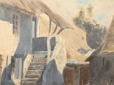 un tableau représentant un homme et une femme assis devant une maison au toit de chaume