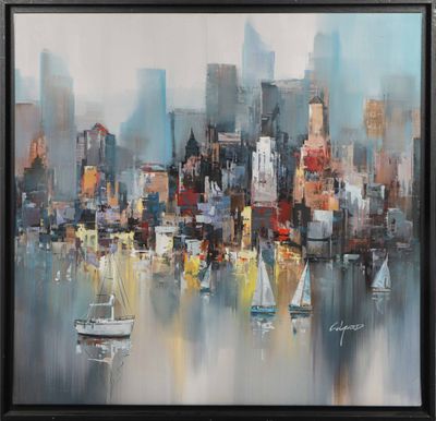 a painting of a cityscape with sailboats floating in the water