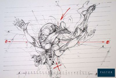 dessin représentant un homme faisant le poirier sur un skateboard