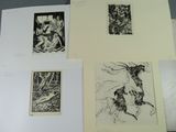 several drawings of animals and birds are on a table