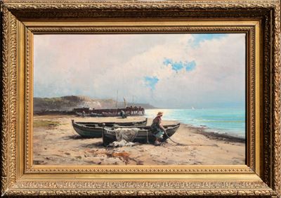 an image of a painting of a man sitting on a beach next to a boat