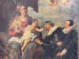 un vieux tableau représentant une femme tenant un bébé dans ses bras et un homme assis sur un canapé