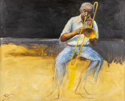 une peinture à l'huile représentant un homme assis sur un banc en train de jouer de la trompette