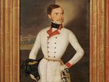 an oil painting of a man in a white uniform with a red bow tie