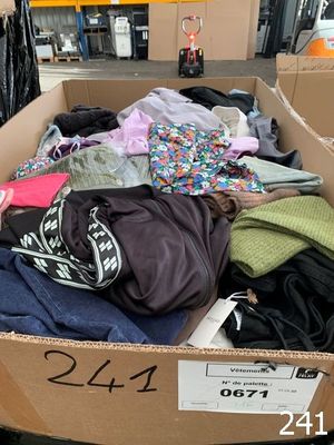 a cardboard box filled with clothes and other items