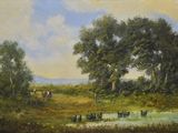 tableau représentant des vaches dans un pâturage près d'un étang bordé d'arbres