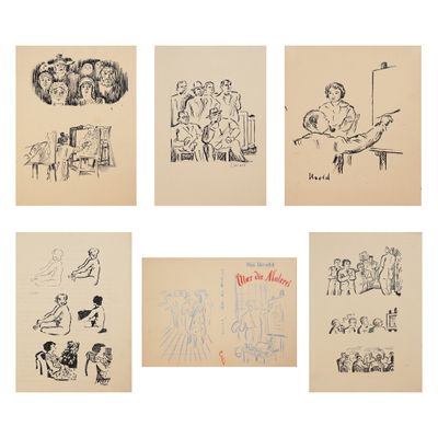 six dessins différents représentant des personnes assises à une table et un homme assis à une table
