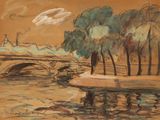 dessin représentant un tableau d'un pont enjambant une rivière, avec des arbres en arrière-plan