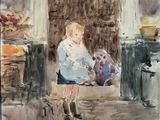 a watercolor painting of a little girl holding a teddy bear