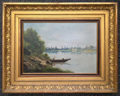 une peinture à l'huile représentant un bateau sur une rivière avec des arbres en arrière-plan