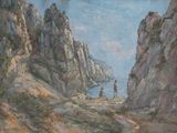un tableau représentant deux personnes debout sur une falaise rocheuse