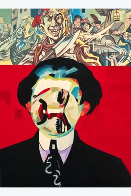un tableau représentant un homme en costume-cravate sur fond rouge
