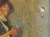 an oil painting of a woman holding a cup and saucer