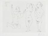 dessin représentant trois nus alignés, dont l'un tient une fleur à la main