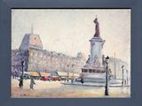 une peinture à l'huile représentant une scène de rue avec une statue au milieu de la rue