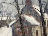 painting of a snowy scene with a church in the background