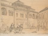 an old drawing of a building with people outside of it
