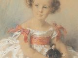 a painting of a little girl in a dress holding a cat