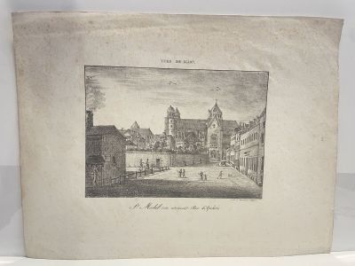 an old drawing of a street with buildings and a clock tower in the background