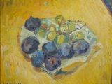 peinture représentant une assiette de raisins posée sur une nappe jaune