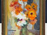 a painting of flowers in a vase on a table