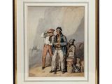 painting of two men standing next to each other in front of a mountain