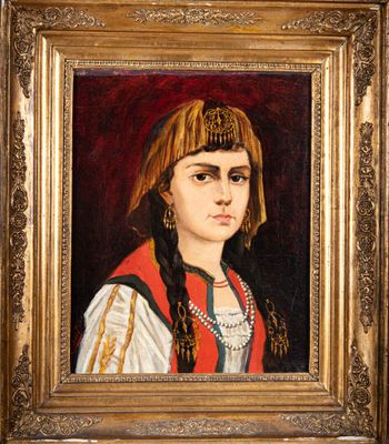 un tableau représentant une femme vêtue d'une robe rouge et blanche