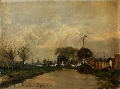 une image représentant un tableau où l'on voit une rivière avec, en arrière-plan, des maisons et des arbres