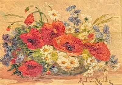 une peinture de fleurs dans un vase sur une table