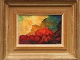 une peinture à l'huile représentant une montagne rouge, dans un cadre doré