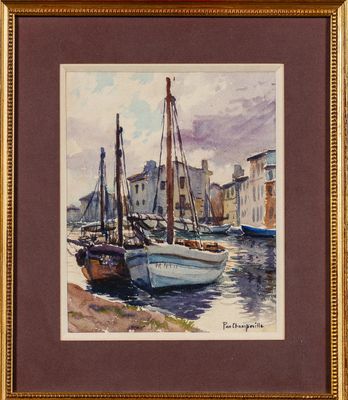 une peinture de bateaux dans un port avec des bâtiments à l'arrière-plan