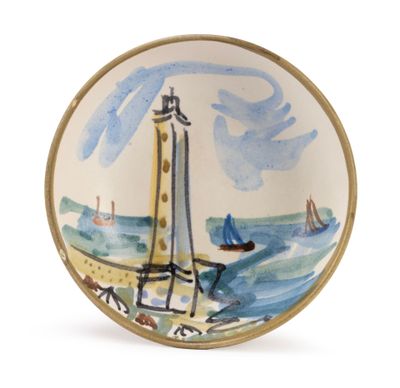 a picture of a plate with a lighthouse painted on it