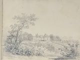 an old drawing of a house on a hill with trees in the foreground