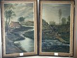 deux tableaux représentant une rivière et une maison, accrochés au mur