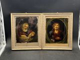 deux tableaux encadrés représentant un homme et une femme tenant un bol