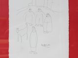 drawing of a group of people walking down a street next to a building