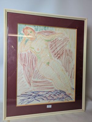 framed drawing of a woman sitting on a bed with her arms crossed