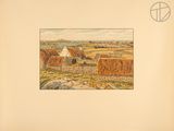 an old picture of a painting of a farm with a fire in the distance