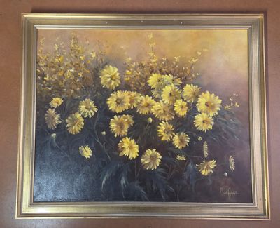 painting of a bunch of yellow flowers in a gold frame